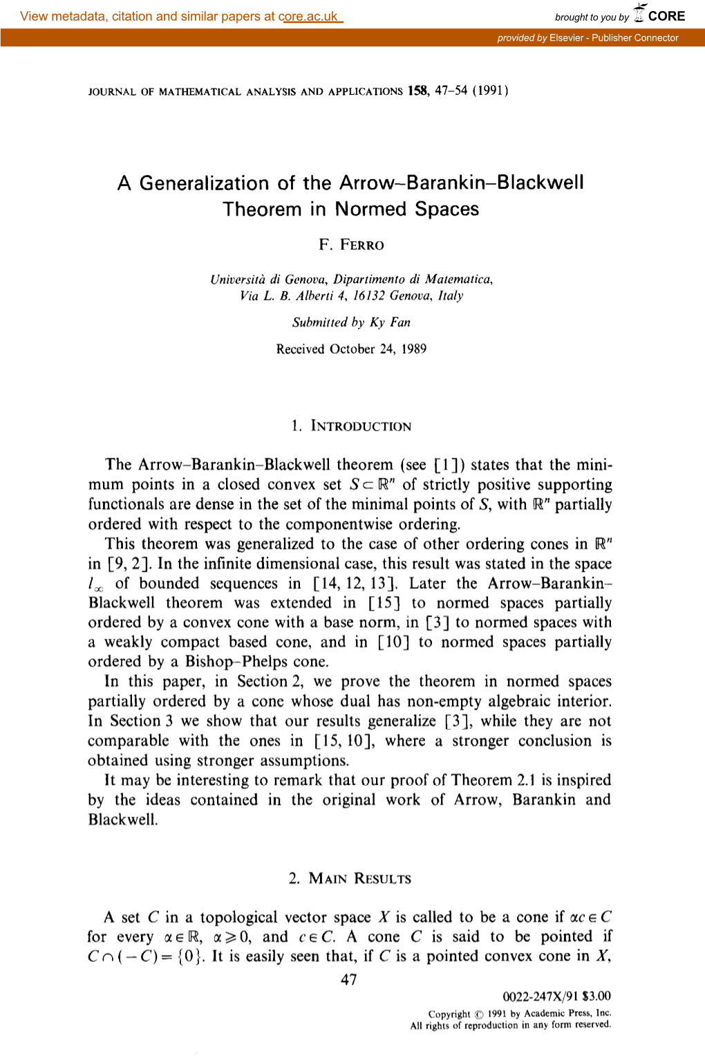 A Generalization of the Arrow-Barankin-Blackwell Theorem in Normed Spaces