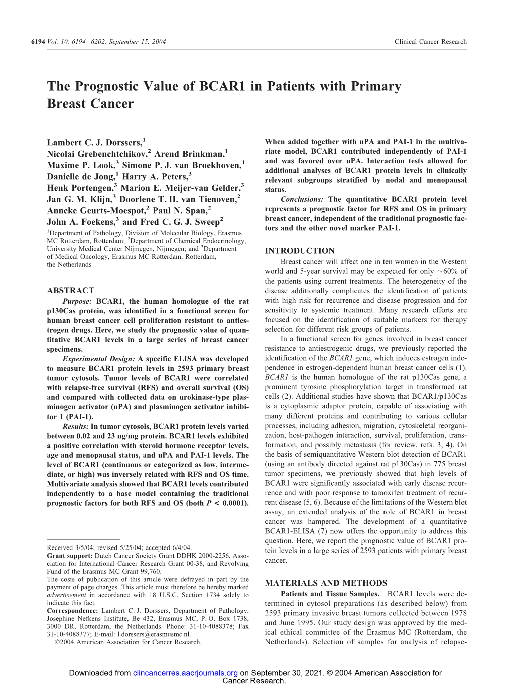 The Prognostic Value of BCAR1 in Patients with Primary Breast Cancer