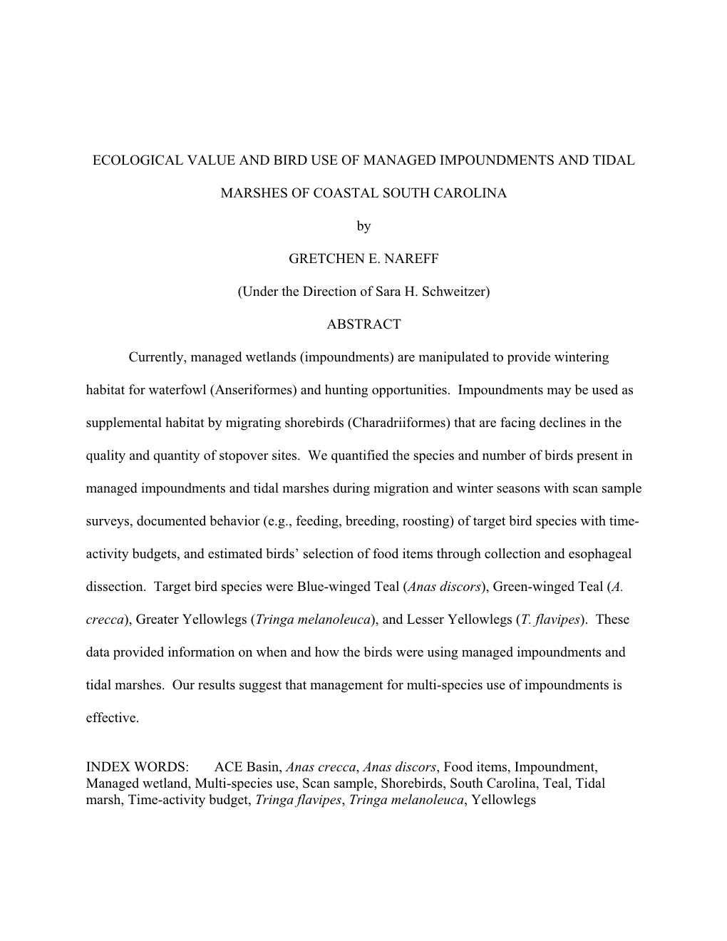 Ecological Value and Bird Use of Managed Impoundments and Tidal