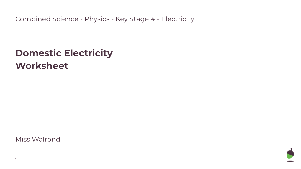 Domestic Electricity Worksheet