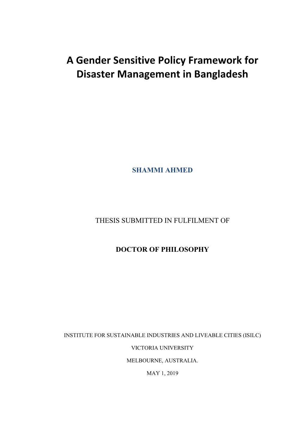 A Gender Sensitive Policy Framework for Disaster Management in Bangladesh