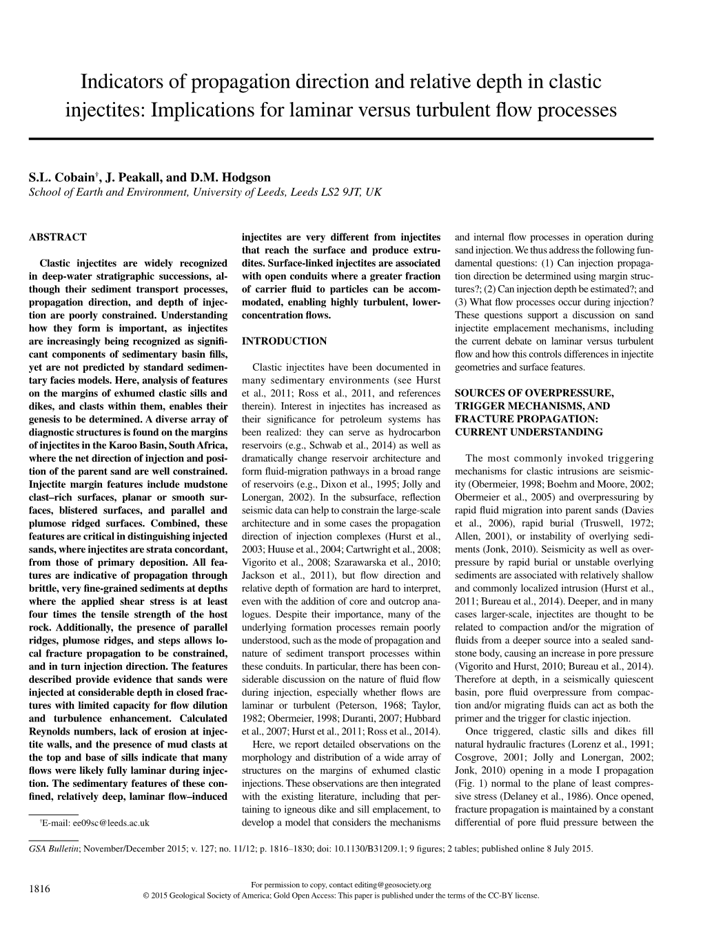 Indicators of Propagation Direction and Relative Depth in Clastic Injectites: Implications for Laminar Versus Turbulent Flow Processes