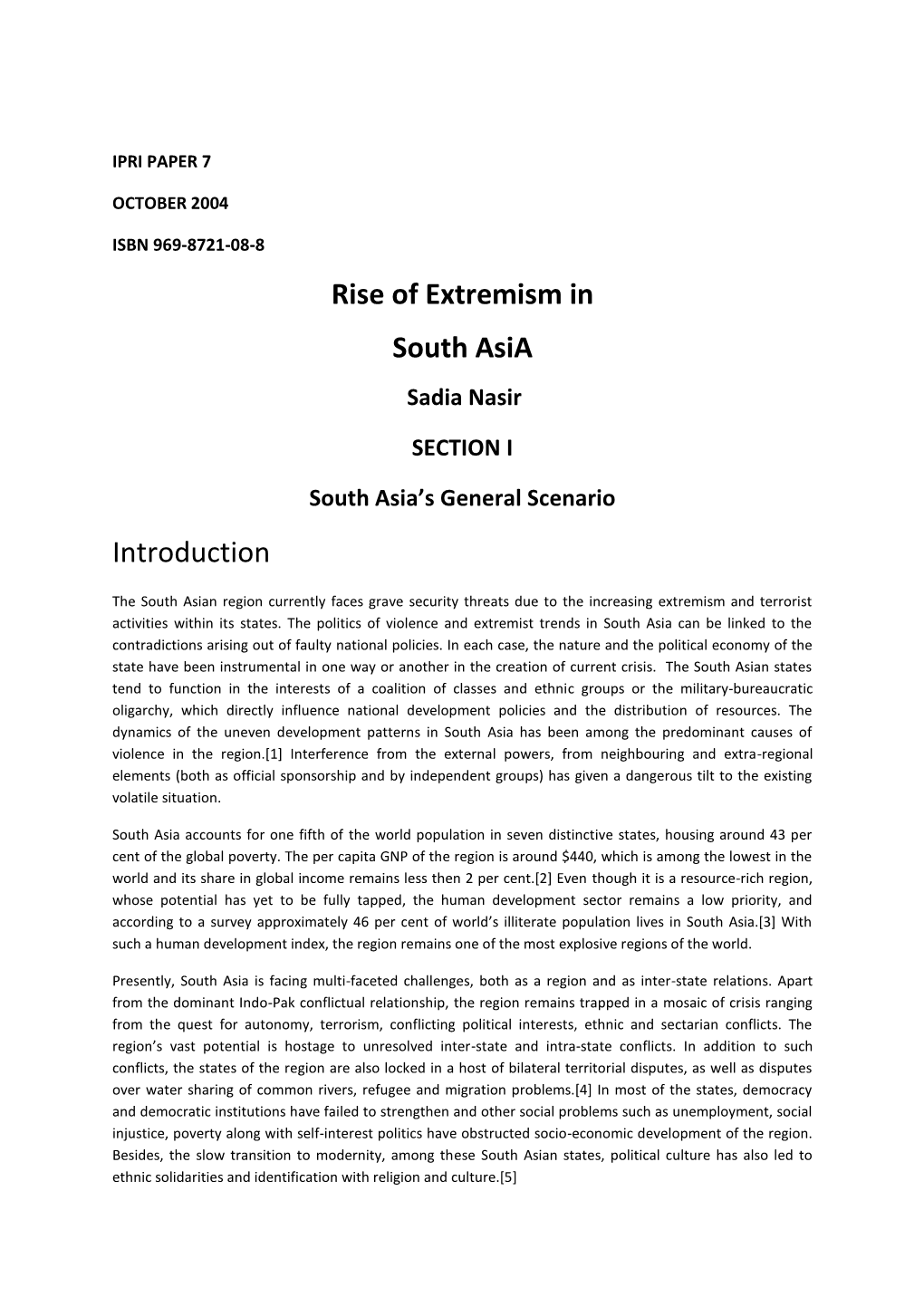 Rise of Extremism in South Asia Introduction