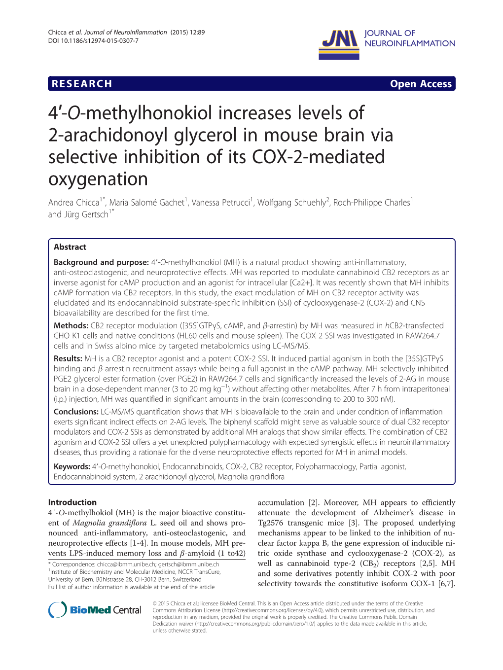 O-Methylhonokiol Increases Levels of 2-Arachidonoyl Glycerol in Mouse