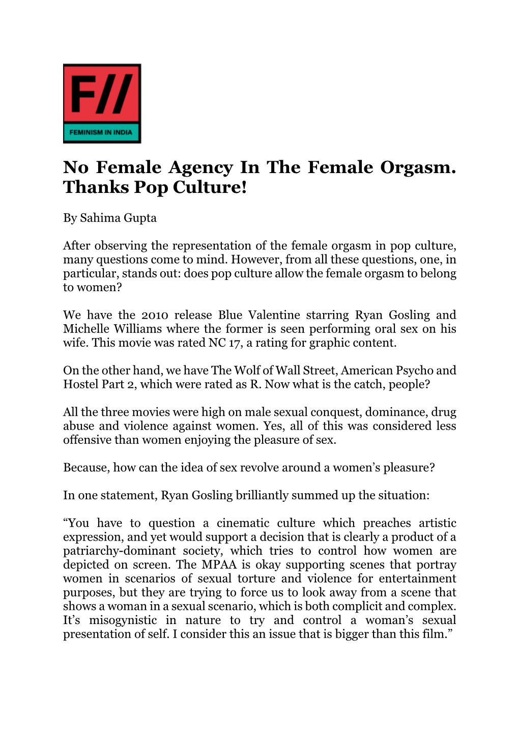 No Female Agency in the Female Orgasm. Thanks Pop Culture!