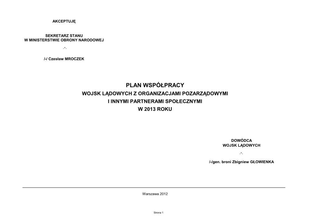 Plan Współpracy Wojsk Lądowych Z Organizacjami Pozarządowymi I Innymi Partnerami Społecznymi W 2013 Roku