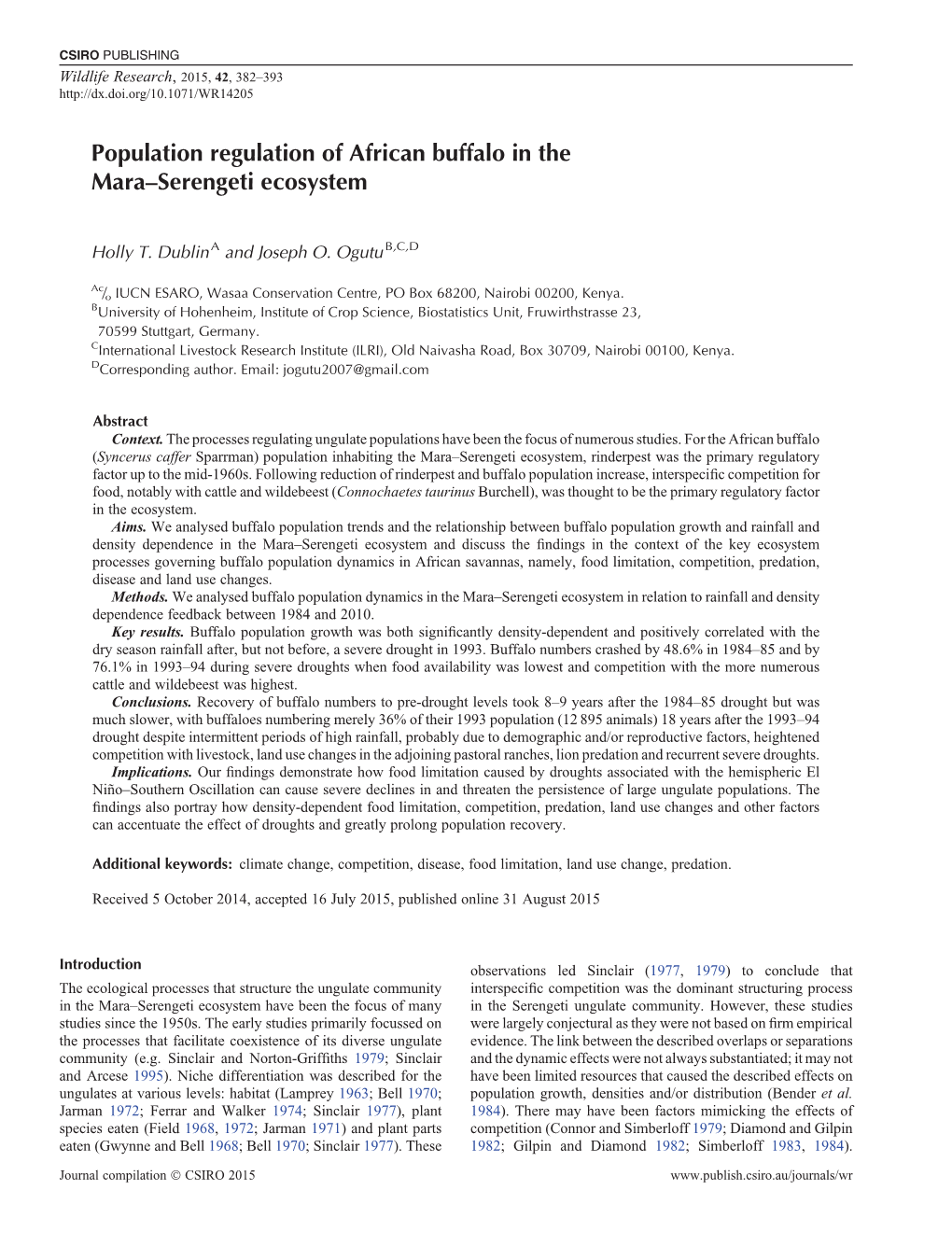 Population Regulation of African Buffalo in the Mara–Serengeti Ecosystem