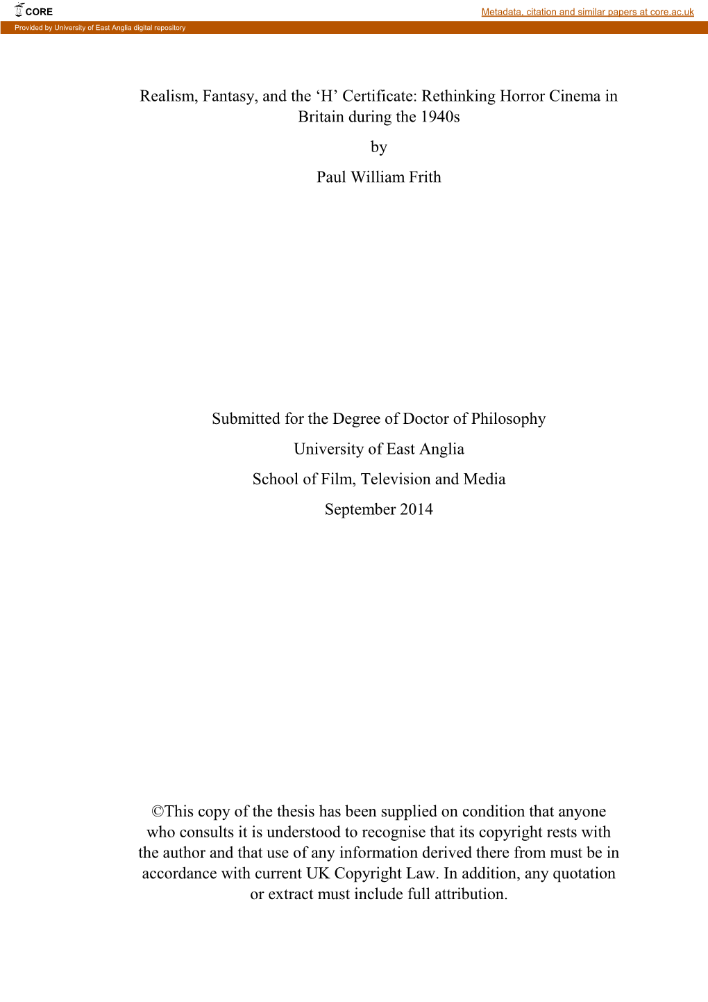 Realism, Fantasy, and the ‘H’ Certificate: Rethinking Horror Cinema in Britain During the 1940S by Paul William Frith