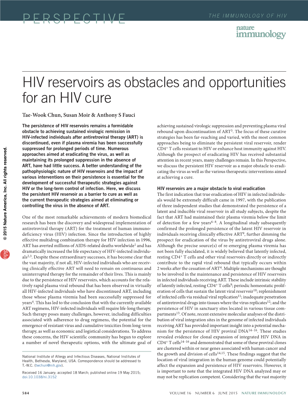 HIV Reservoirs As Obstacles and Opportunities for an HIV Cure