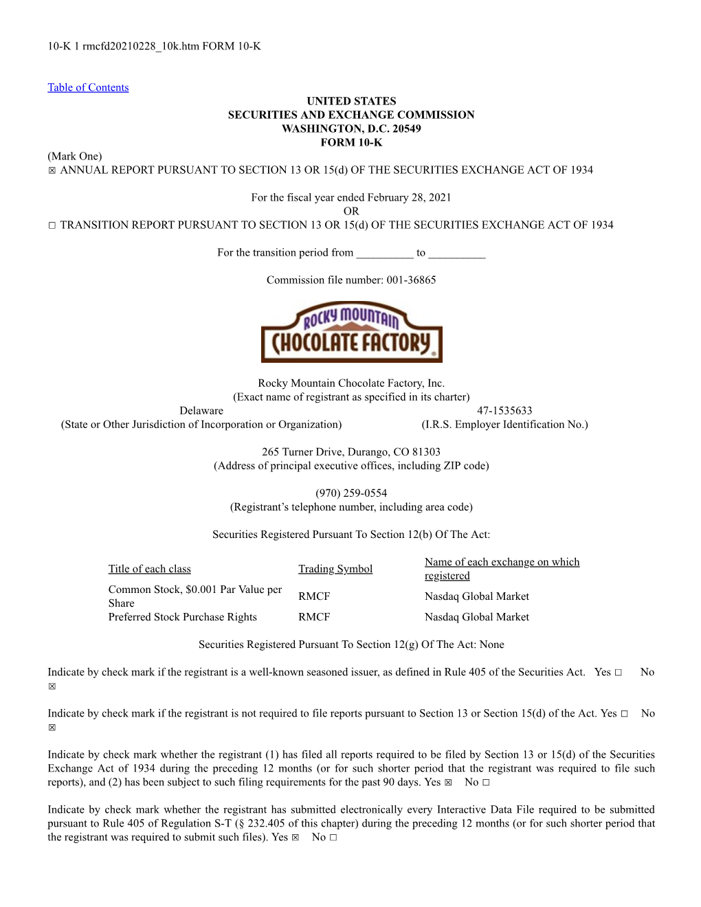 10-K 1 Rmcfd20210228 10K.Htm FORM 10-K Table of Contents