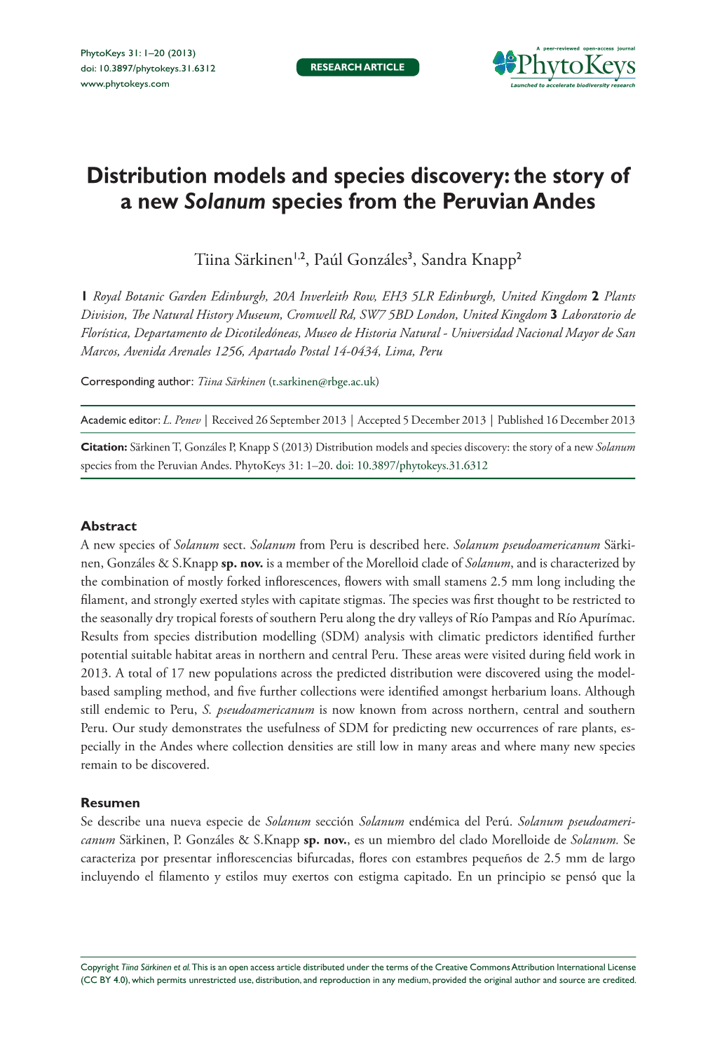 The Story of a New Solanum Species from the Peruvian Andes