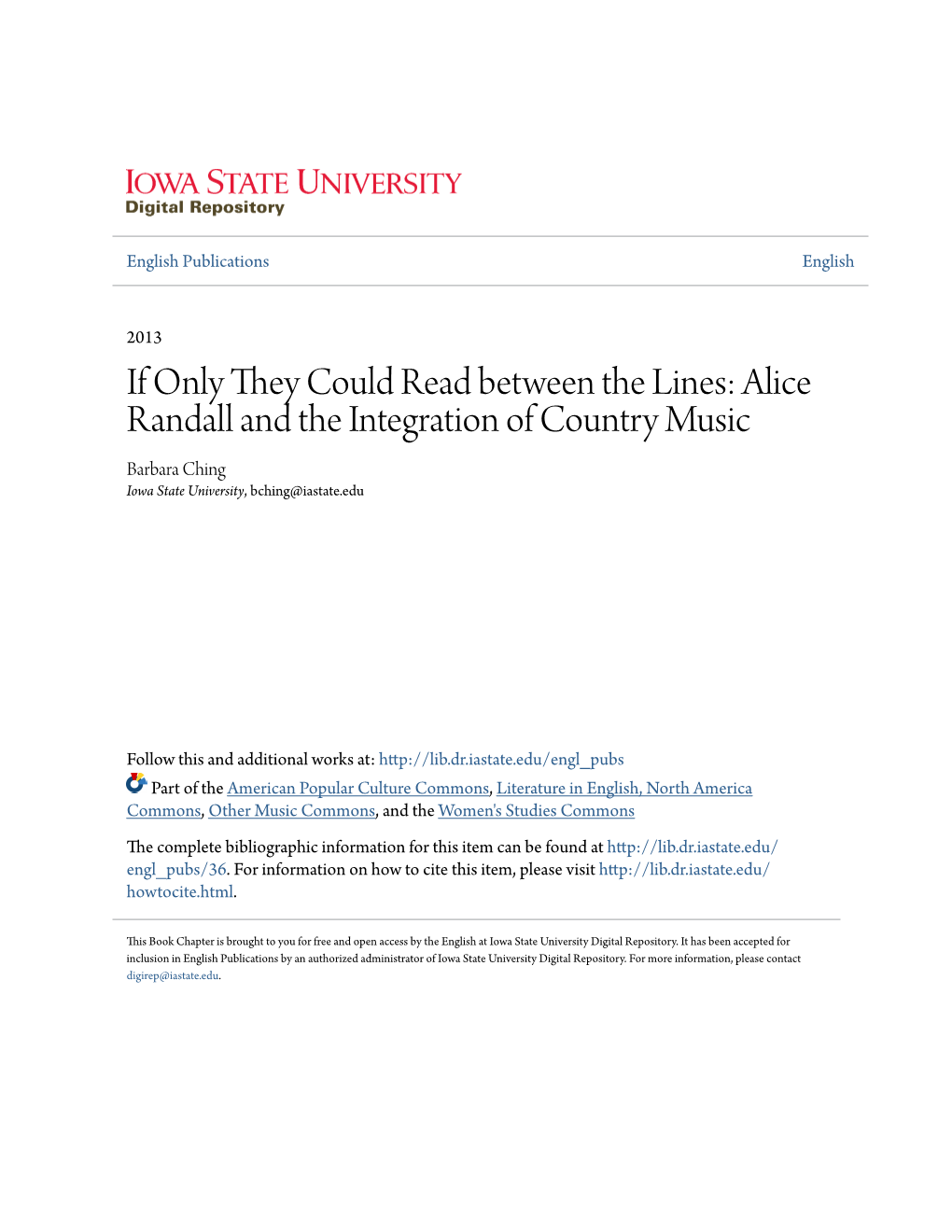 Alice Randall and the Integration of Country Music Barbara Ching Iowa State University, Bching@Iastate.Edu