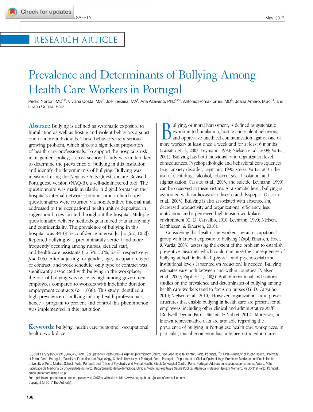 Prevalence and Determinants of Bullying Among Health Care