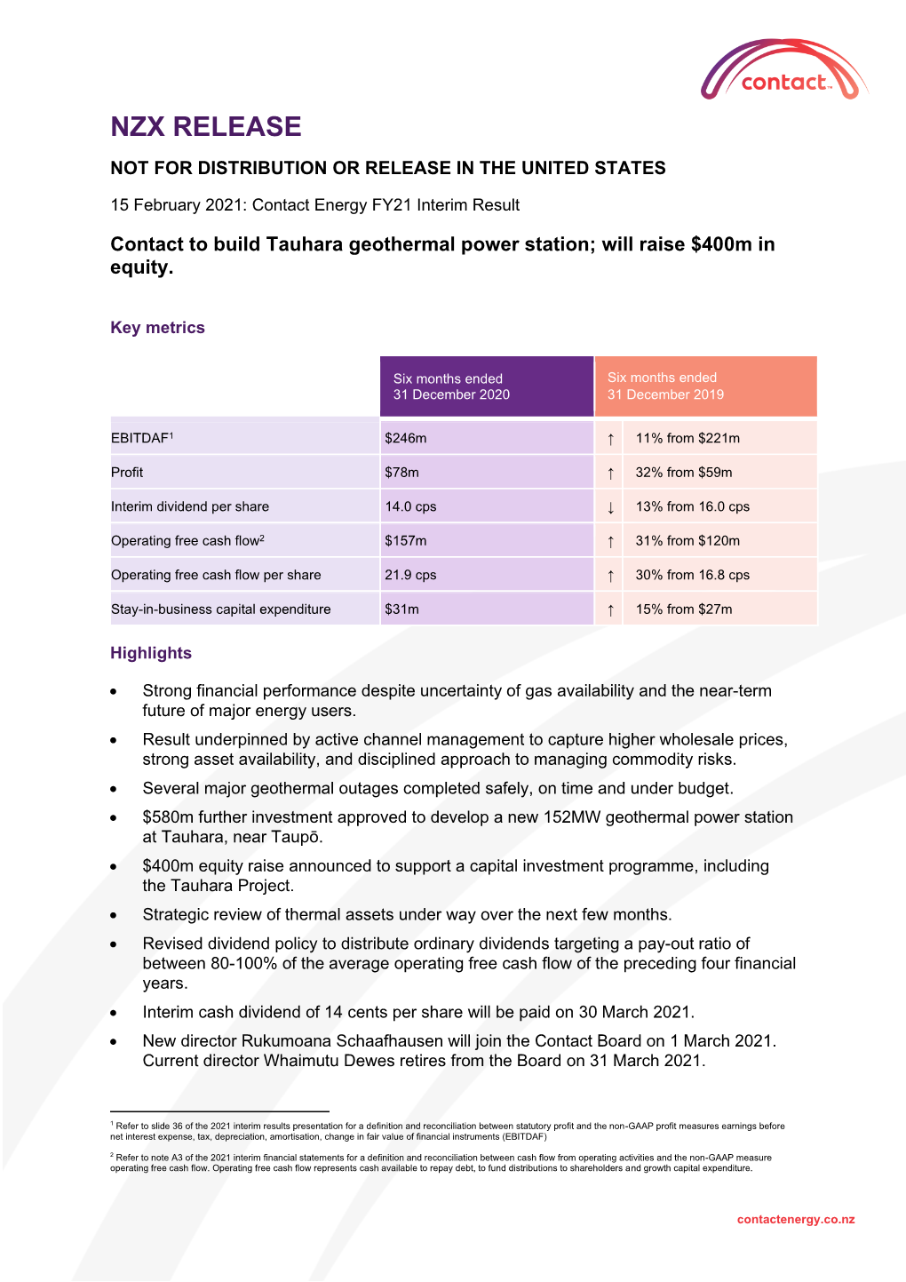 Nzx Release Not for Distribution Or Release in the United States