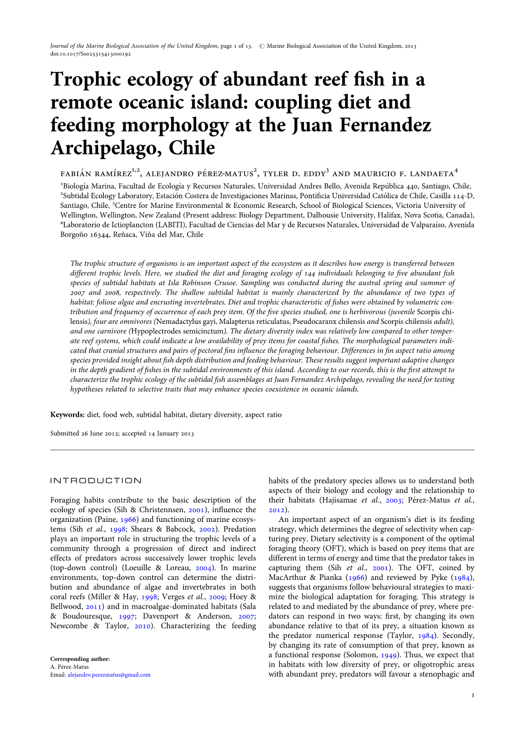 Trophic Ecology of Abundant Reef Fish in a Remote Oceanic Island: Coupling Diet and Feeding Morphology at the Juan Fernandez