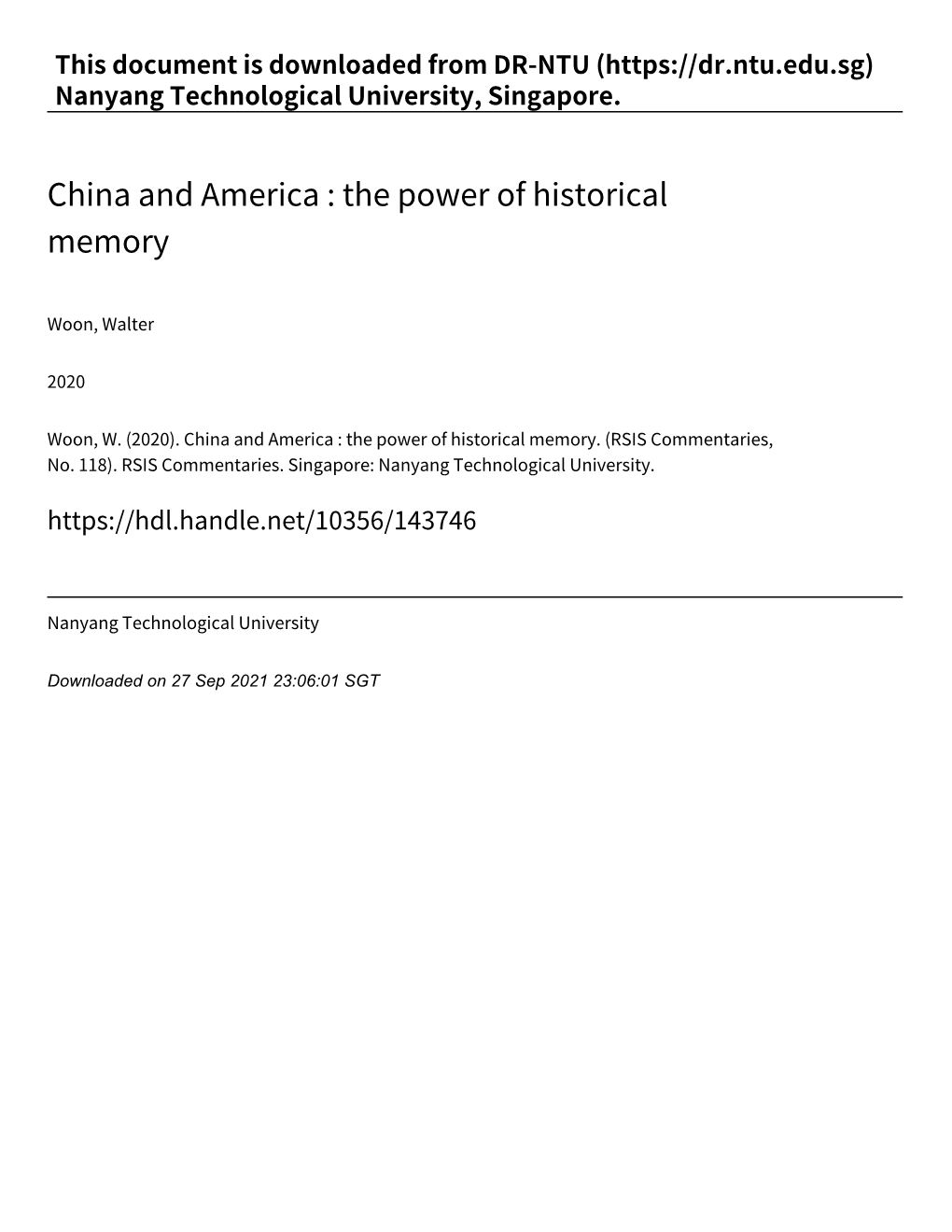 China and America : the Power of Historical Memory