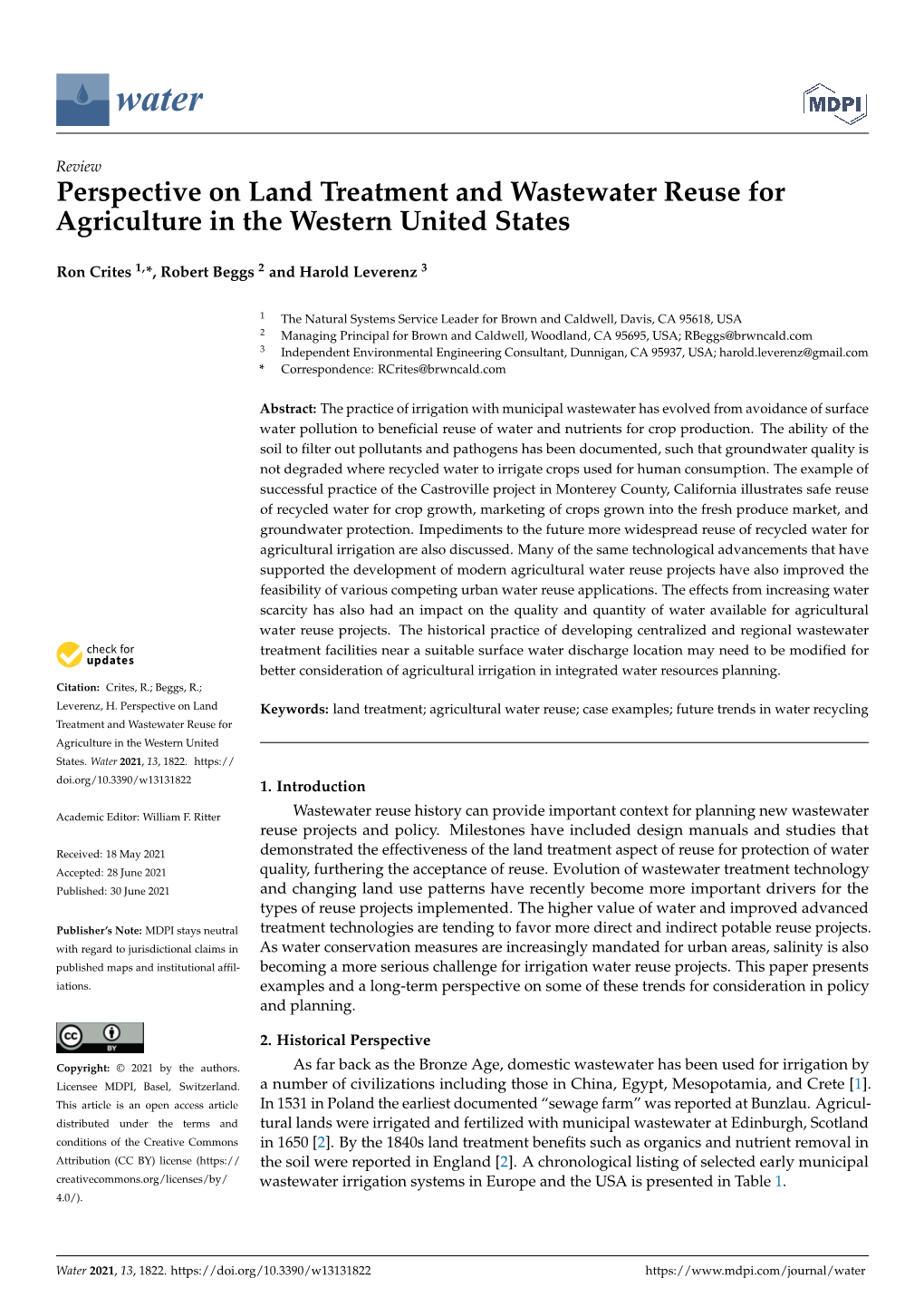 Perspective on Land Treatment and Wastewater Reuse for Agriculture in the Western United States