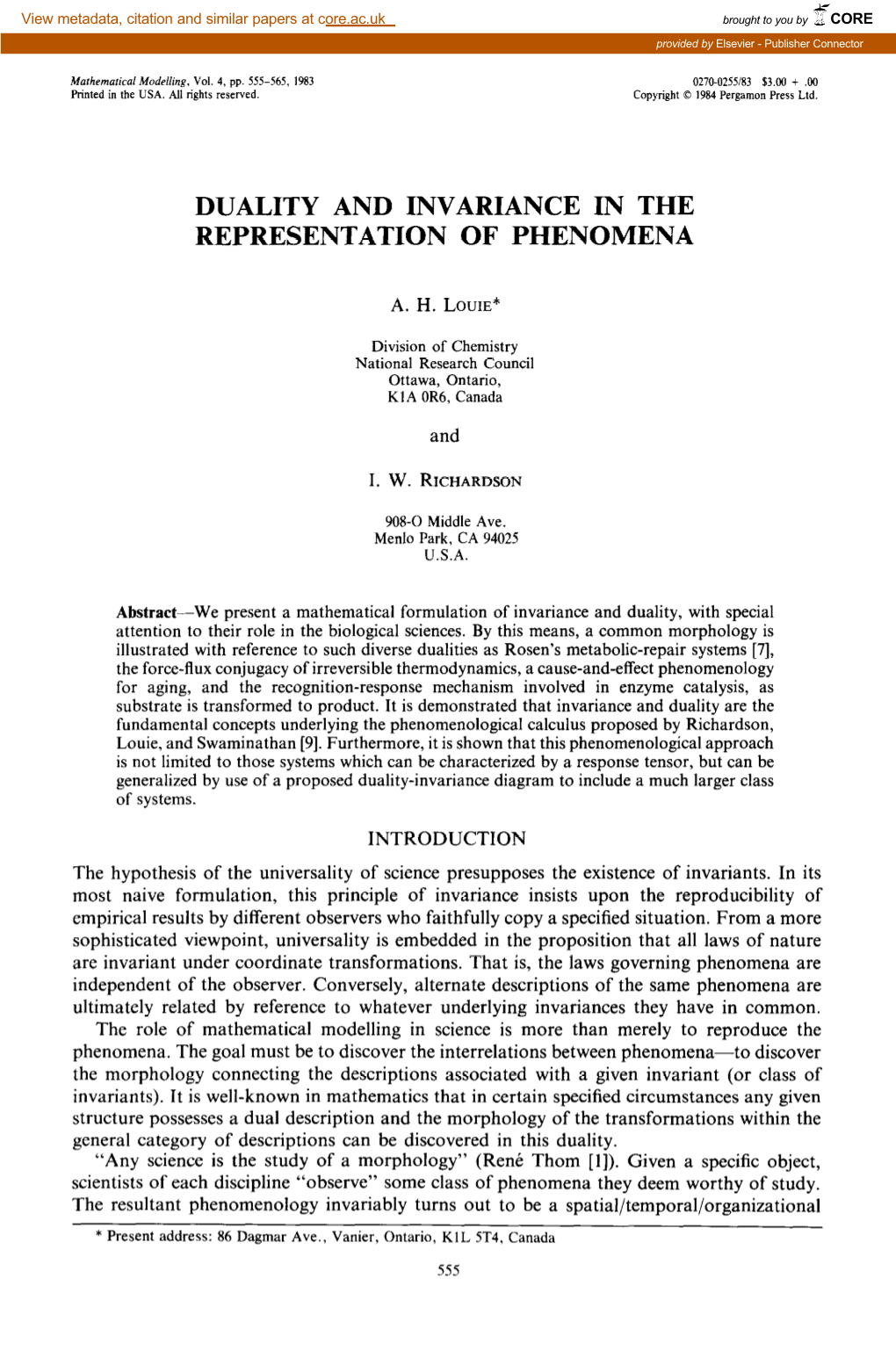 Duality and Invariance in the Representation of Phenomena