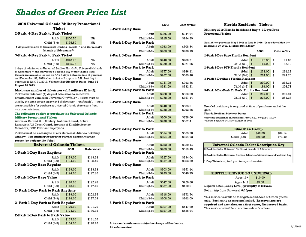 Shades of Green Price List