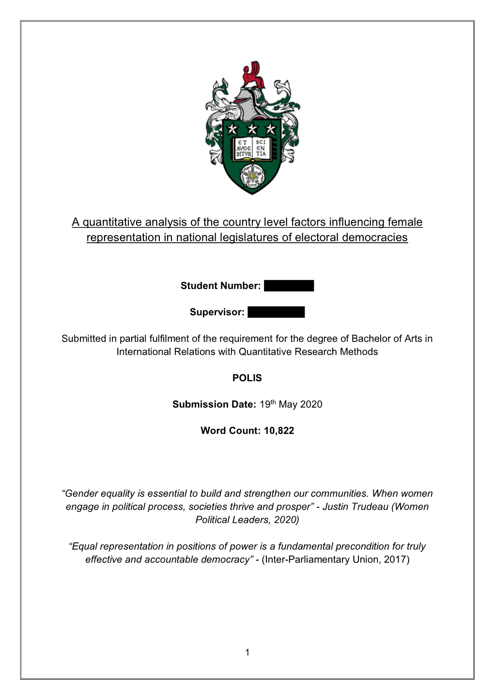 A Quantitative Analysis of the Country Level Factors Influencing Female Representation in National Legislatures of Electoral Democracies