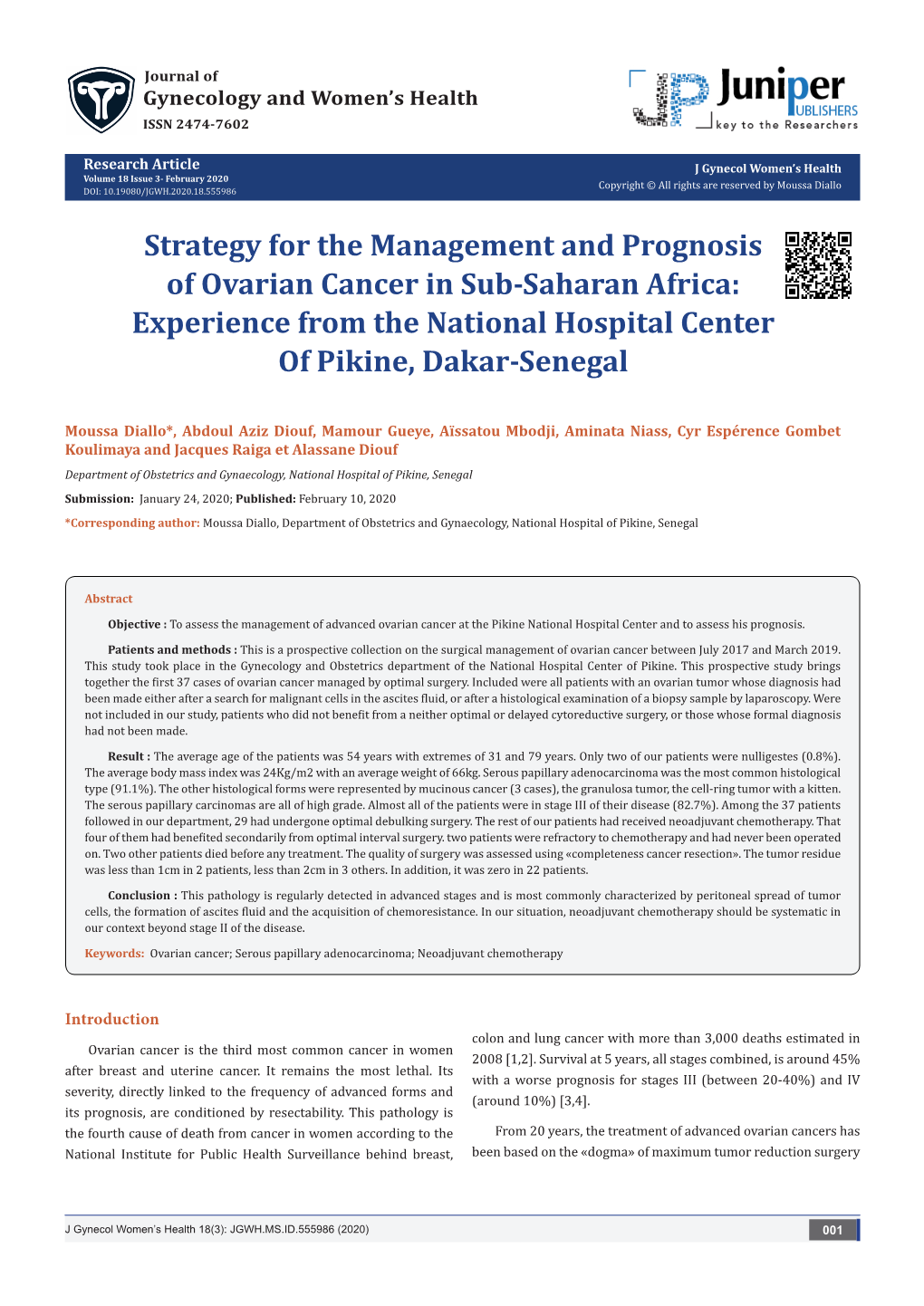 Strategy for the Management and Prognosis of Ovarian Cancer in Sub-Saharan Africa: Experience from the National Hospital Center of Pikine, Dakar-Senegal