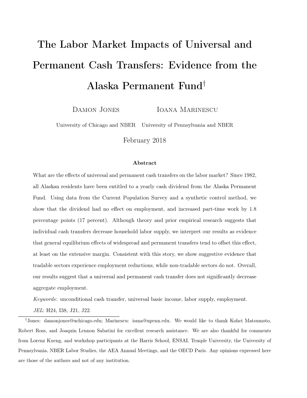 The Labor Market Impacts of Universal and Permanent Cash Transfers: Evidence from the Alaska Permanent Fund†