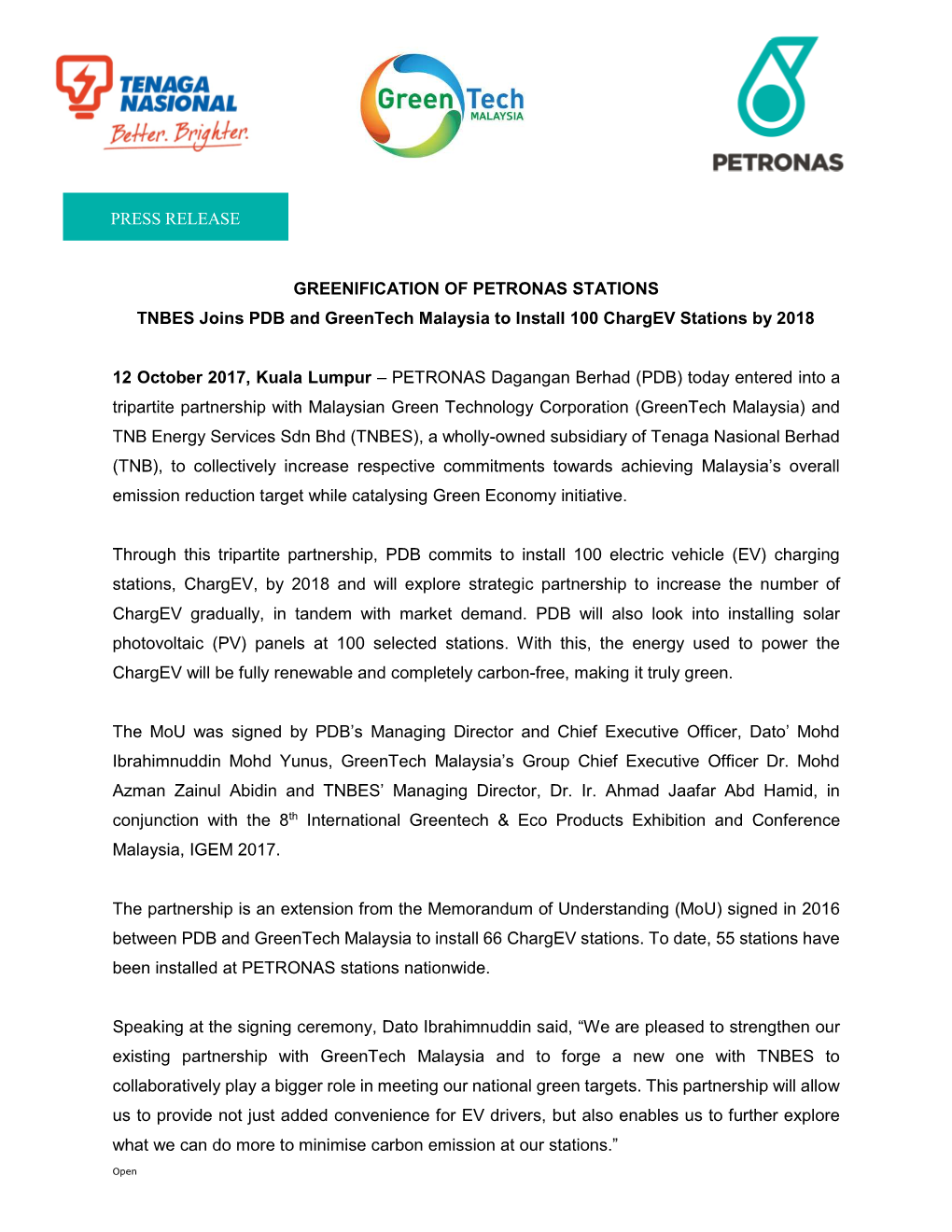 Press Release Greenification of Petronas Stations Tnbes