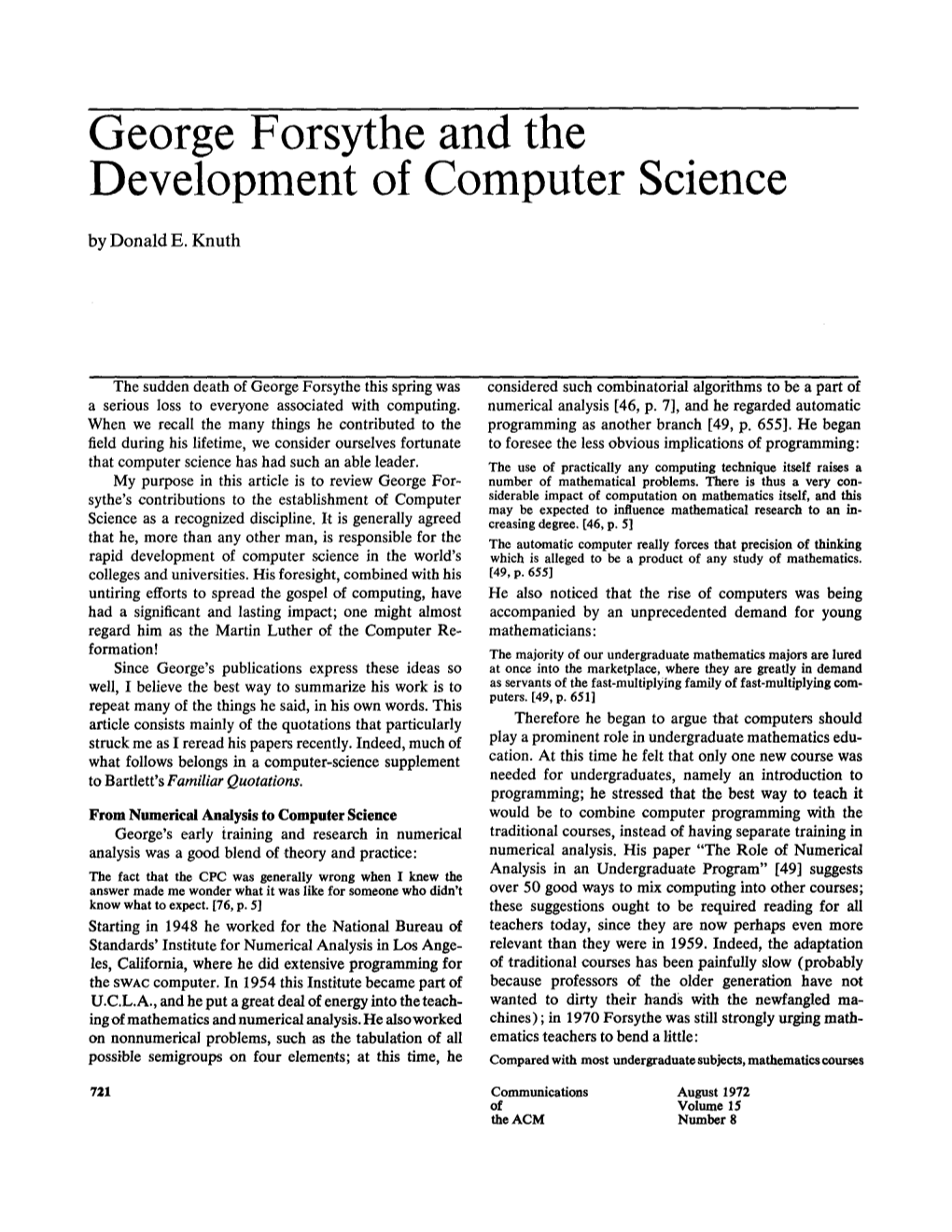 George Forsythe and the Development of Computer Science by Donald E