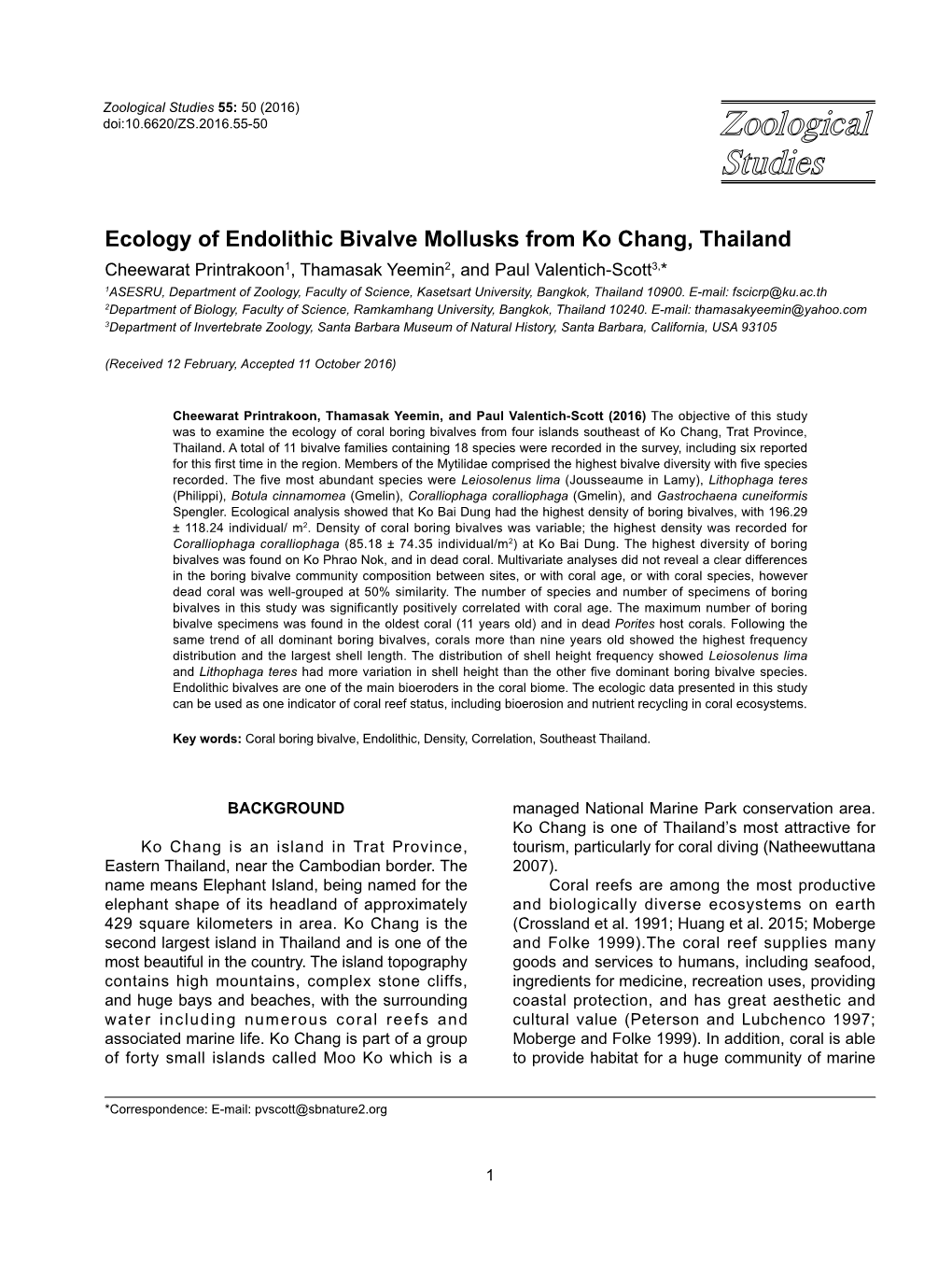 Ecology of Endolithic Bivalve Mollusks from Ko Chang, Thailand