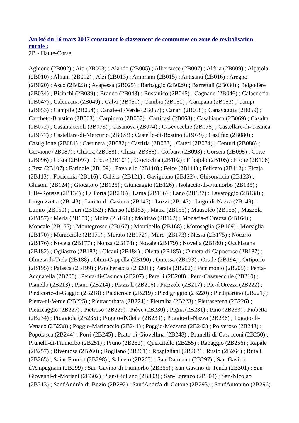 Arrêté Du 16 Mars 2017 Constatant Le Classement De Communes En Zone De Revitalisation Rurale : 2B - Haute-Corse