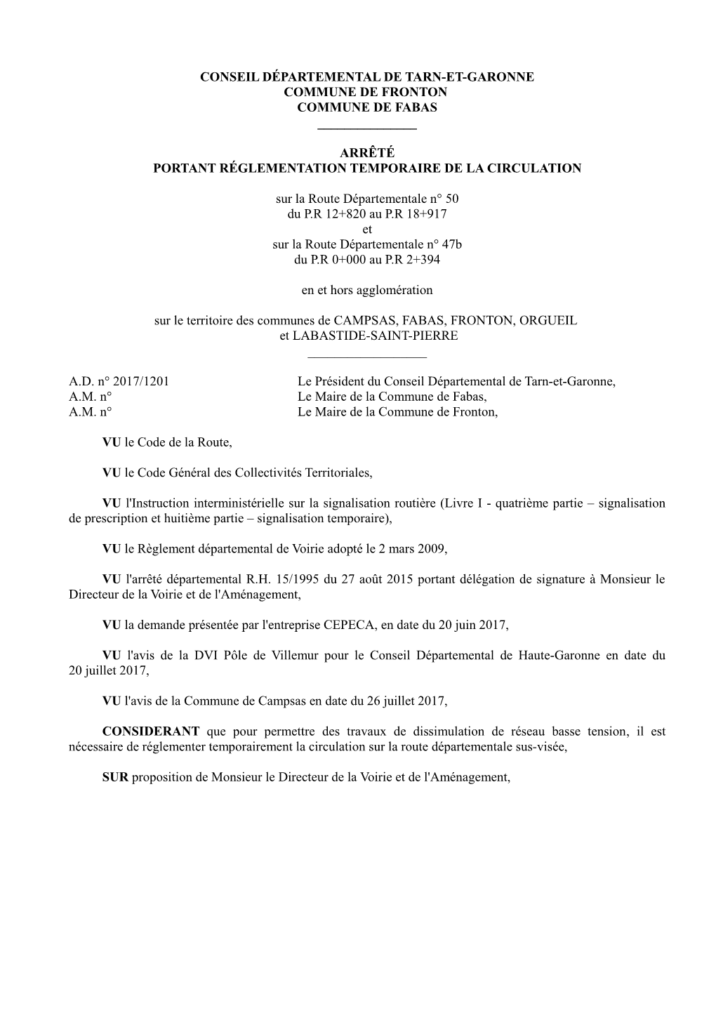 Conseil Départemental De Tarn-Et-Garonne Commune De Fronton Commune De Fabas ______