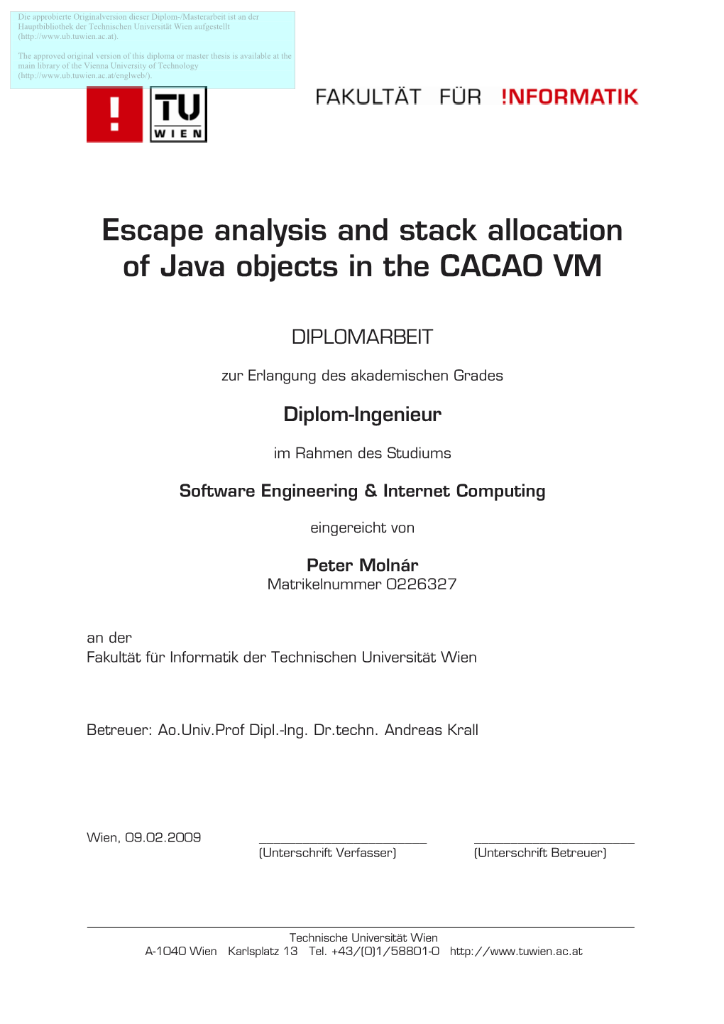 Escape Analysis and Stack Allocation of Java Objects in the CACAO VM