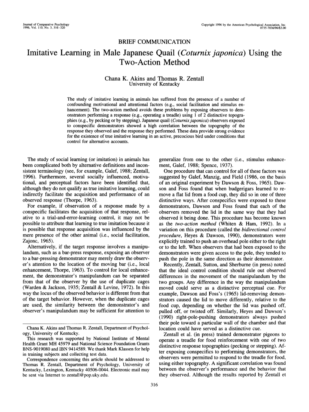 Imitative Learning in Male Japanese Quail (Coturnix Japonica) Using the Two-Action Method