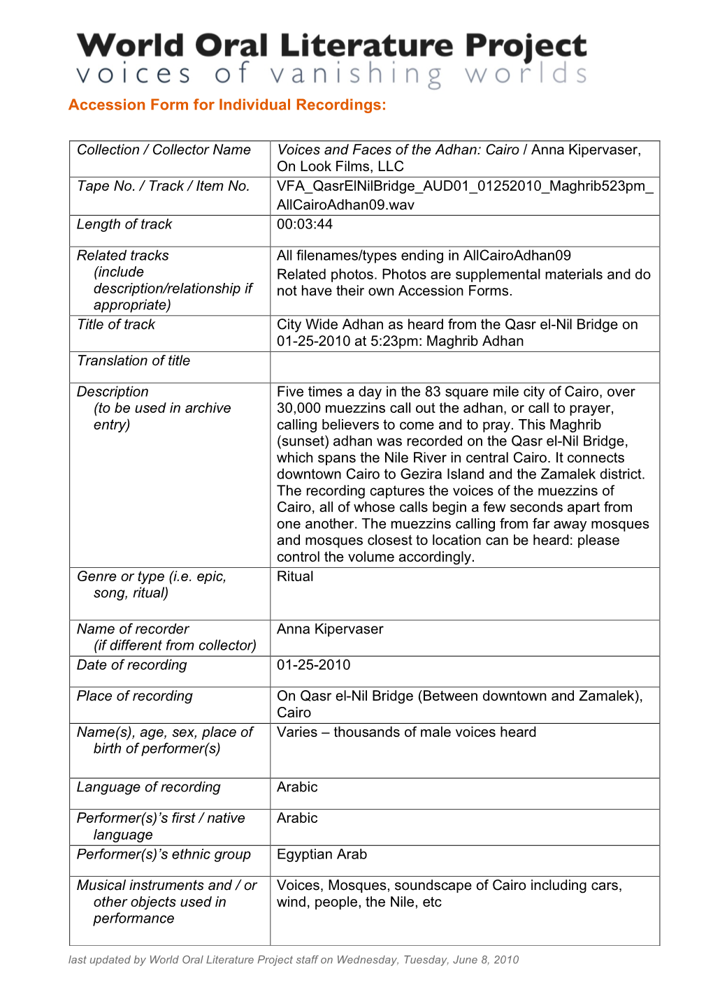 Accession Form for Individual Recordings