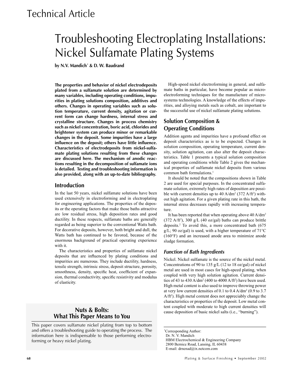 Troubleshooting Electroplating Installations: Nickel Sulfamate Plating Systems by N.V