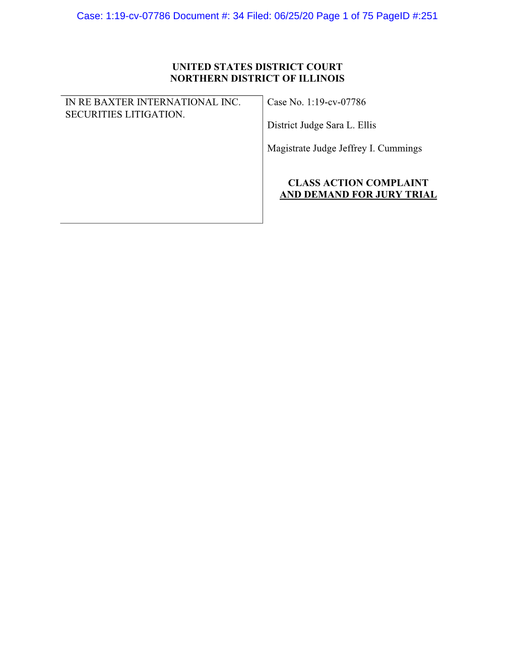 In Re Baxter International Inc. Securities Litigation 19-CV-07786