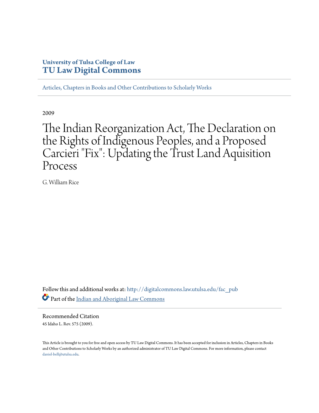 The Indian Reorganization Act, the Declaration on the Rights of Indigenous Peoples, and a Proposed Carcieri 