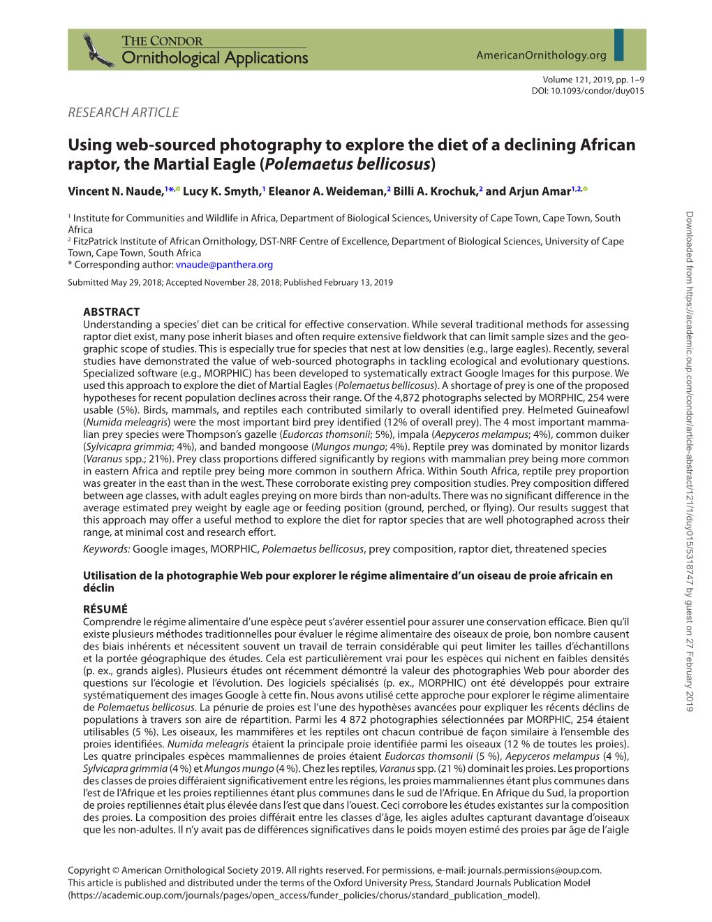 Using Web-Sourced Photography to Explore the Diet of a Declining African Raptor, the Martial Eagle (Polemaetus Bellicosus) Vincent N