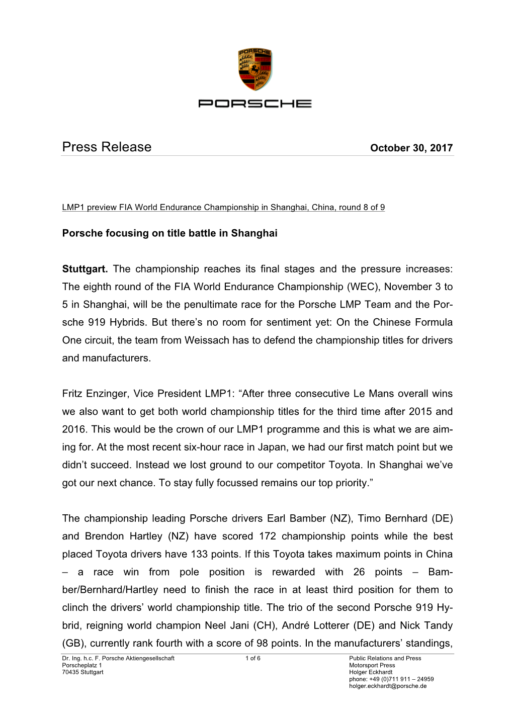 Press Release October 30, 2017