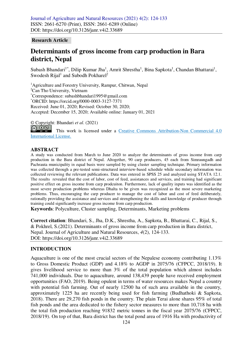 Determinants of Gross Income from Carp Production in Bara District, Nepal