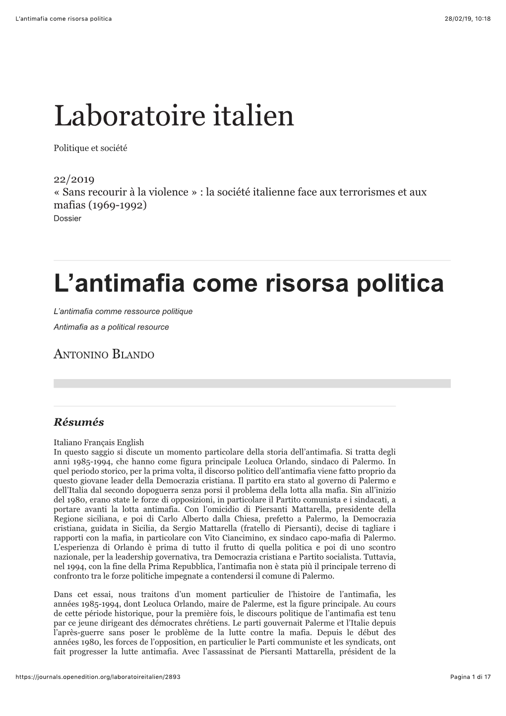 L'antimafia Come Risorsa Politica