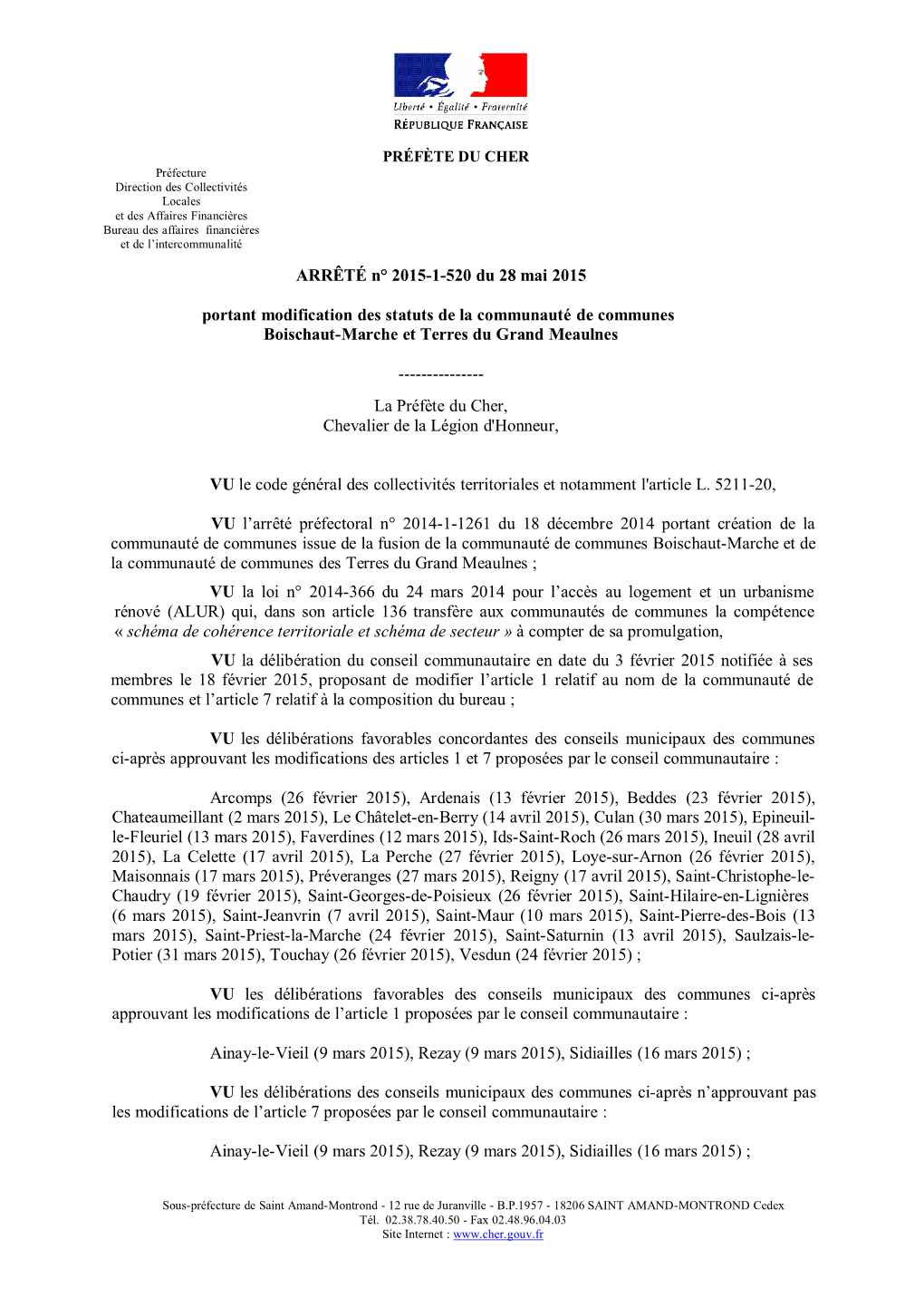 ARRÊTÉ N° 2015-1-520 Du 28 Mai 2015 Portant Modification Des