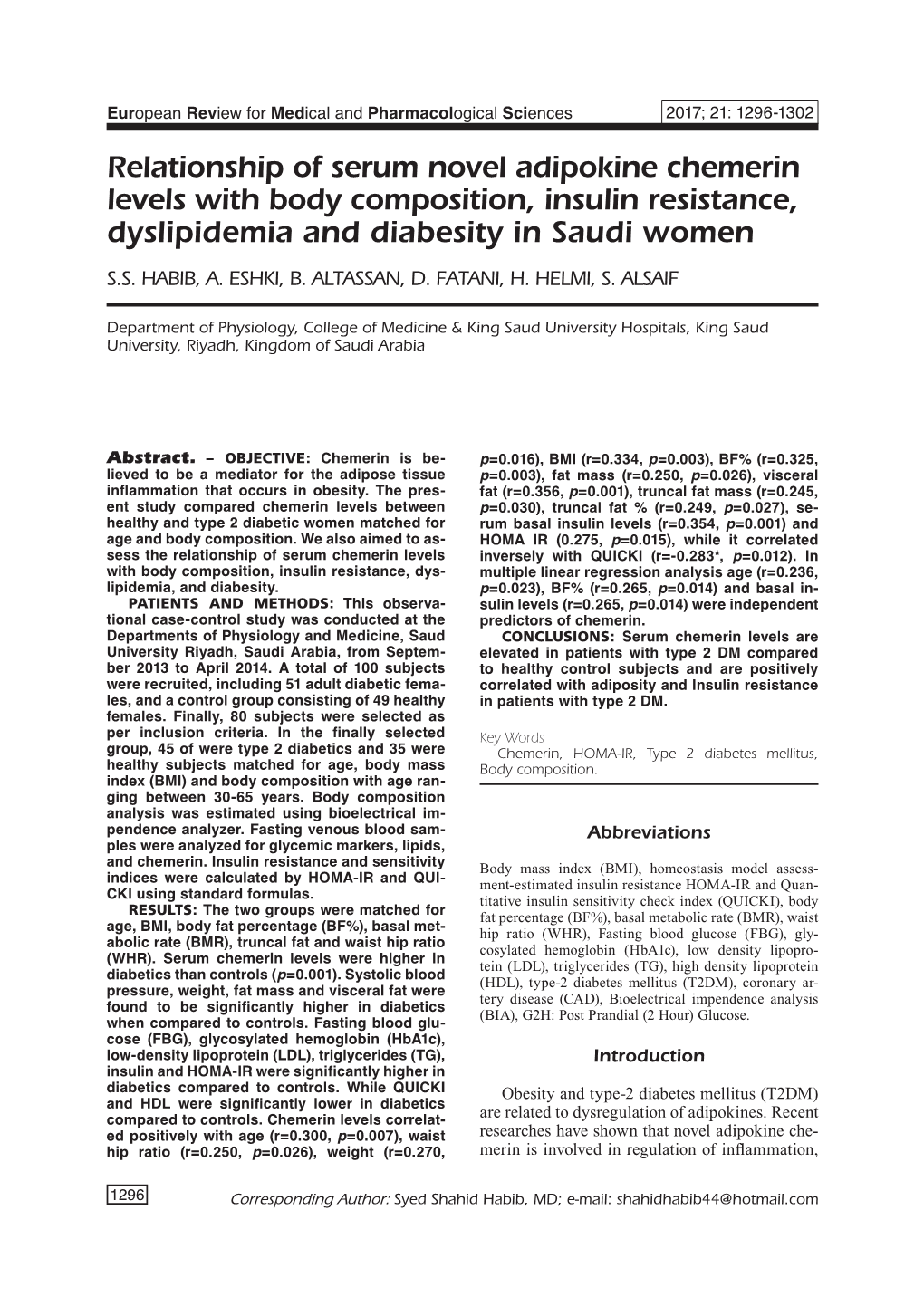 Relationship of Serum Novel Adipokine Chemerin Levels with Body Composition, Insulin Resistance, Dyslipidemia and Diabesity in Saudi Women S.S