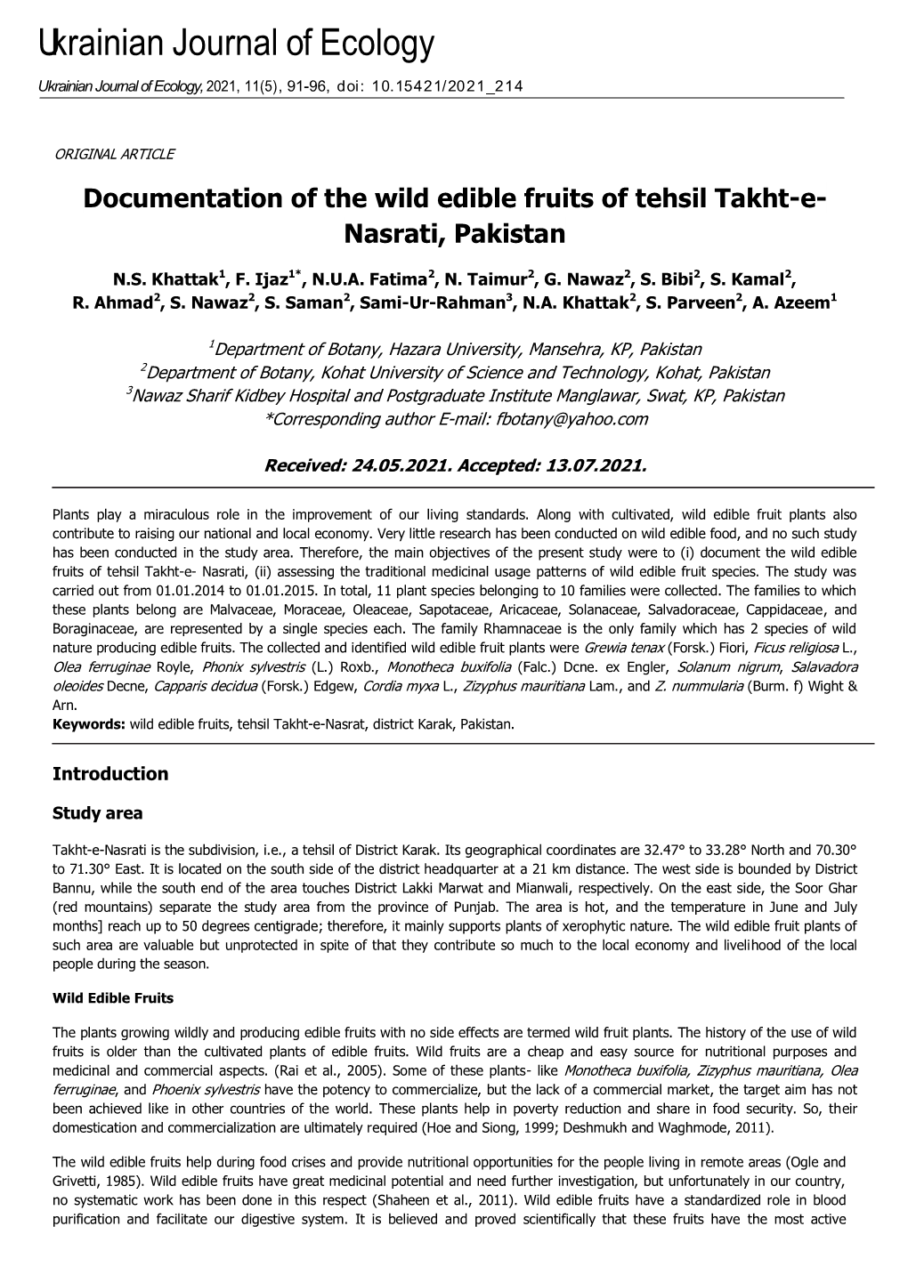 Documentation of the Wild Edible Fruits of Tehsil Takht-E- Nasrati, Pakistan