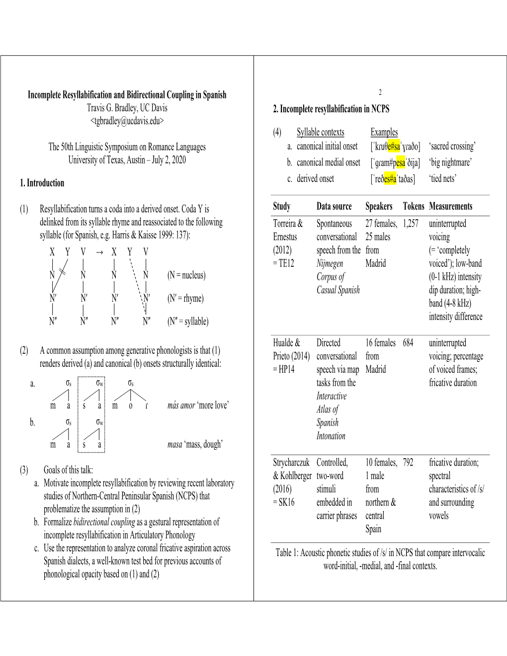 Incomplete Resyllabification and Bidirectional Coupling in Spanish 2 Travis G