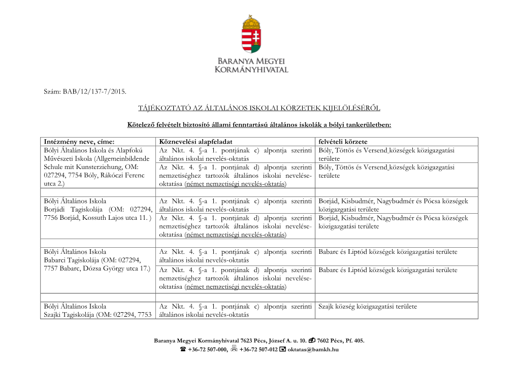 Iskolai Felvételi Körzetek a 2015