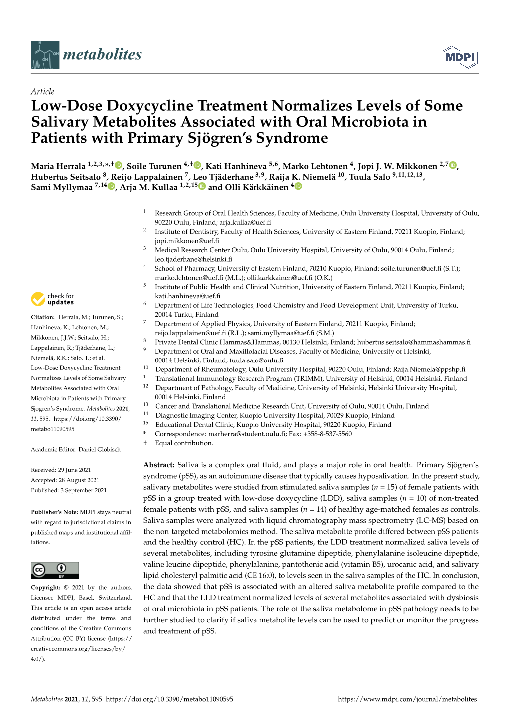 Low-Dose Doxycycline Treatment Normalizes Levels of Some Salivary Metabolites Associated with Oral Microbiota in Patients with Primary Sjögren’S Syndrome