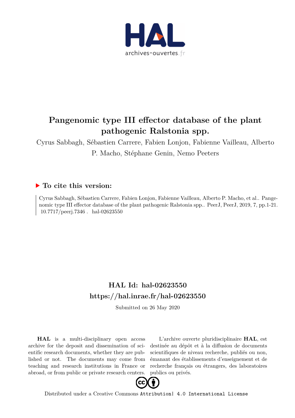 Pangenomic Type III Effector Database of the Plant Pathogenic Ralstonia Spp. Cyrus Sabbagh, Sébastien Carrere, Fabien Lonjon, Fabienne Vailleau, Alberto P