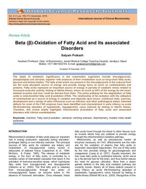 Beta (Β)-Oxidation of Fatty Acid and Its Associated Disorders