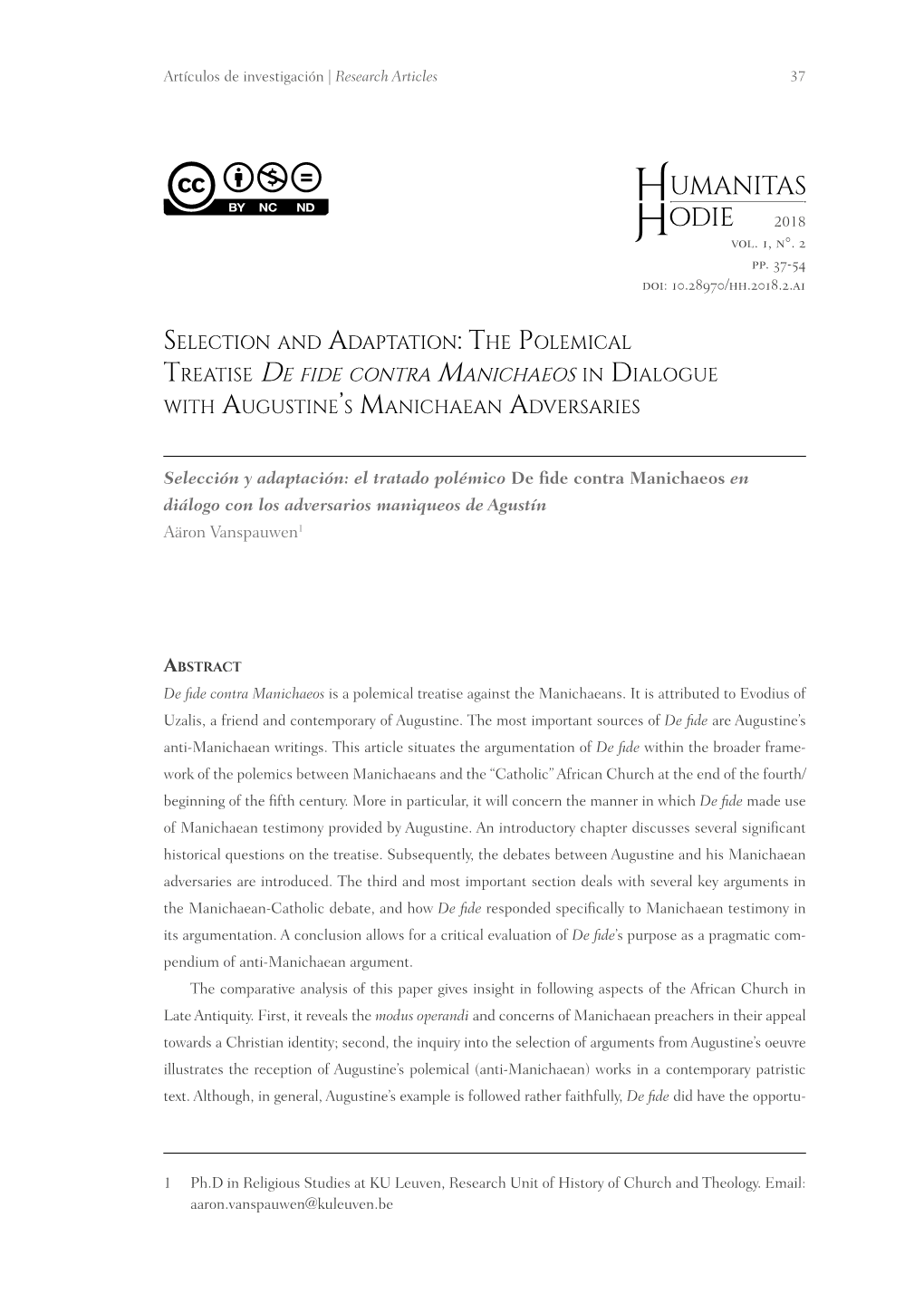 Treatise De Fide Contra Manichaeos in Dialogue with Augustine’S Manichaean Adversaries